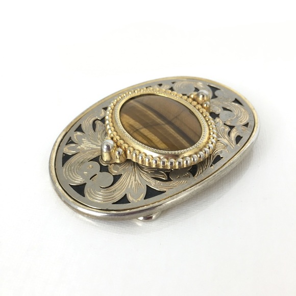 Tiger's Eye Western Style Belt Buckle Oval Gold Silver Filigree Finish Unisex - Picture 6 of 10